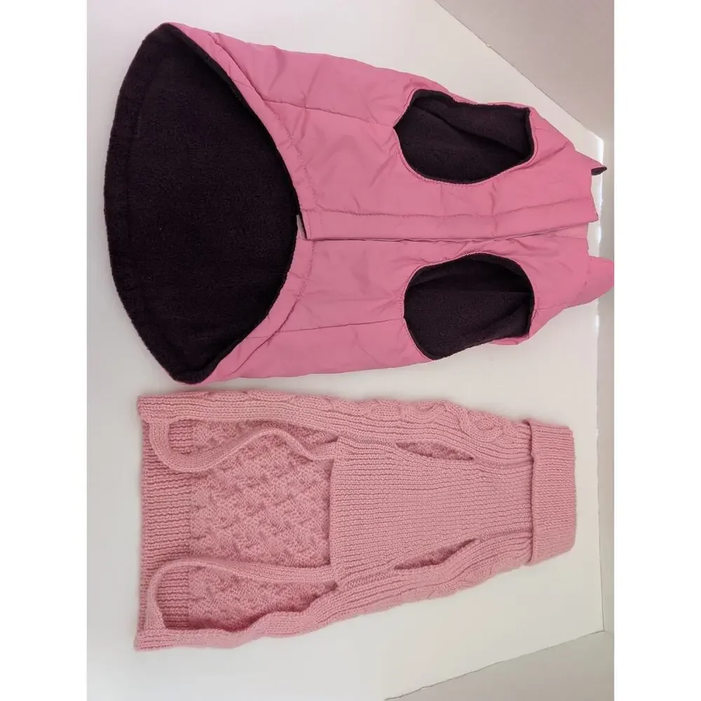 Lot Pink Small Dog Coat Set Quilted Rain Jacket with D Ring and Cable Knit